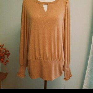 WIT & WISDOM Shimmery-Blouson-Sleeve Ruche Top-Toast-Large NWT